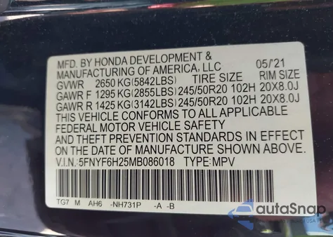 2021 Honda Pilot Awd Special Edition z USA, uszkodzony, nr VIN 5FNYF6H25MB086018